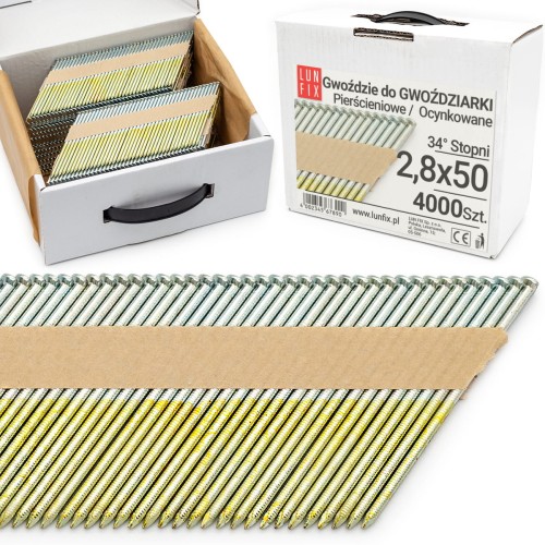 Gwoździe do gwoździarki 50mm 2,8x50 2 cale pierścieniowe na papierze ocynkowane 4000szt.