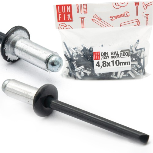 Nity zrywalne 4,8x10mm aluminiowo-stalowe CZARNE RAL9005 100szt.