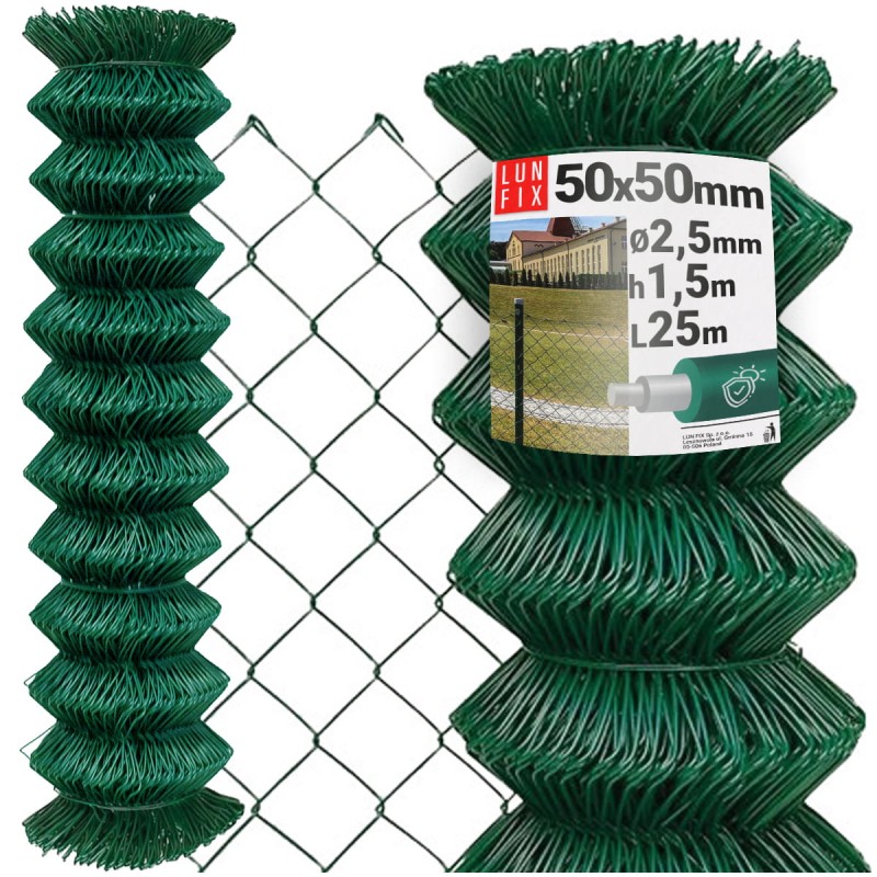 Siatka pleciona zielona 150cm oczko 50x50mm fi 2,5mm powlekana PVC 25mb