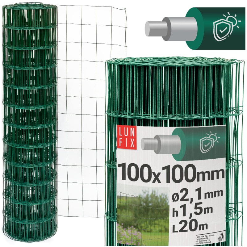 Siatka ogrodzeniowa zielona 150cm oczko 100x100 fi 2,1mm zgrzewana ocynkowana powlekana PCV 20mb