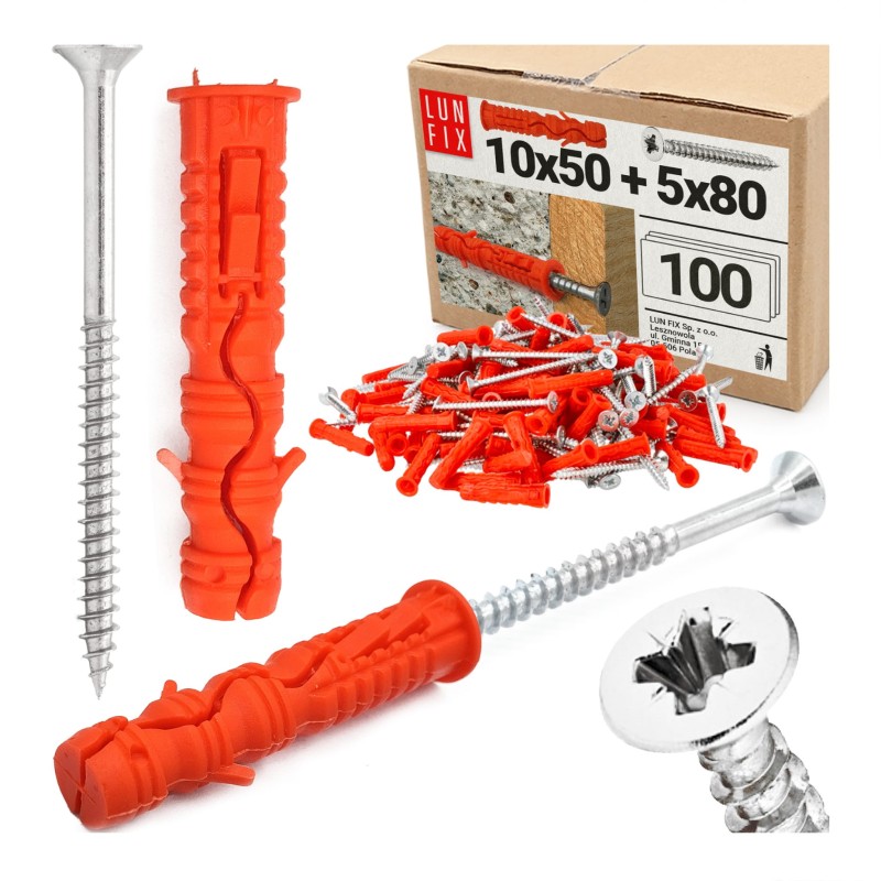 Kołki rozporowe 10x50 mm z wkrętem z łbem stożkowym 5x80 mm 100szt.
