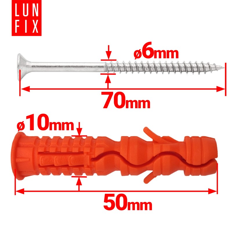 Kołki rozporowe 10x50 mm z wkrętem z łbem stożkowym 6x70 mm 100szt.
