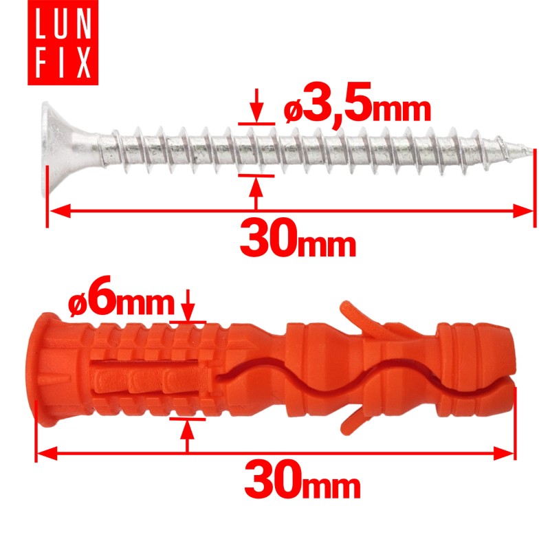 Kołki rozporowe 6x30 mm z wkrętem z łbem stożkowym 3,5x30 mm 200szt.