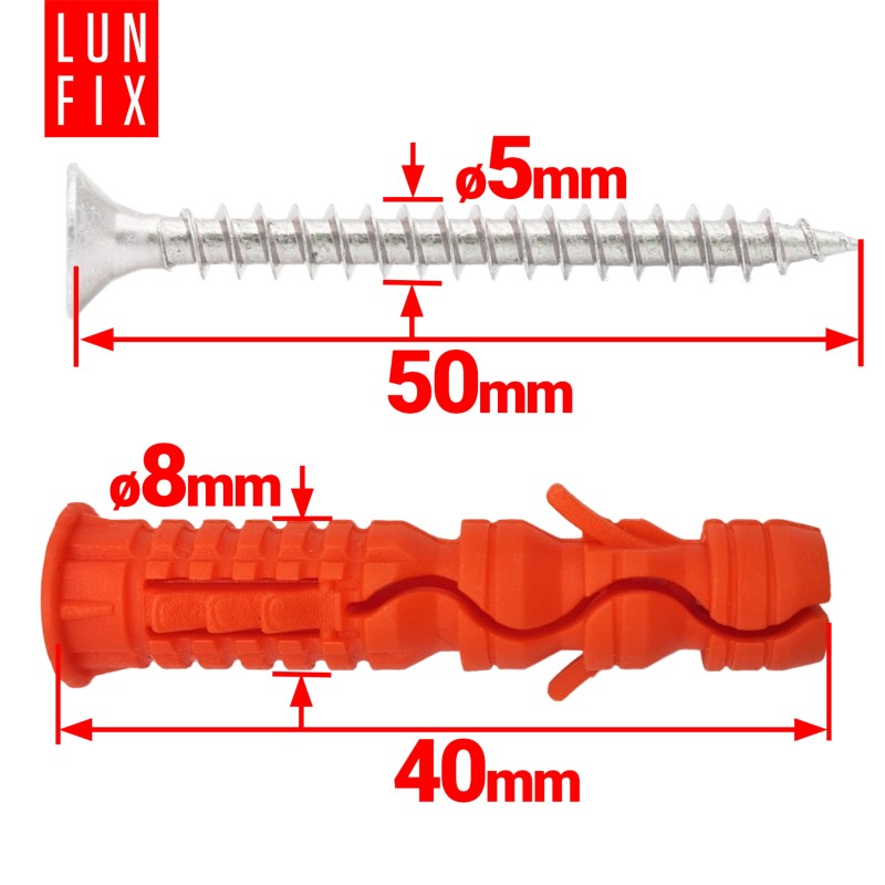 Kołki rozporowe 8x40 mm z wkrętem z łbem stożkowym 5x50 mm 100szt.