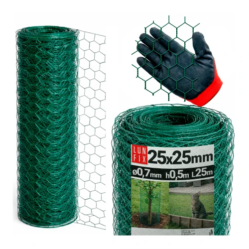 Siatka heksagonalna metalowa 25x25 mm, gr. 0,7 mm, zielona ocynkowana h0,5 25 mb – hodowlana, na woliery, dla kota na balkon, przeciw ptakom
