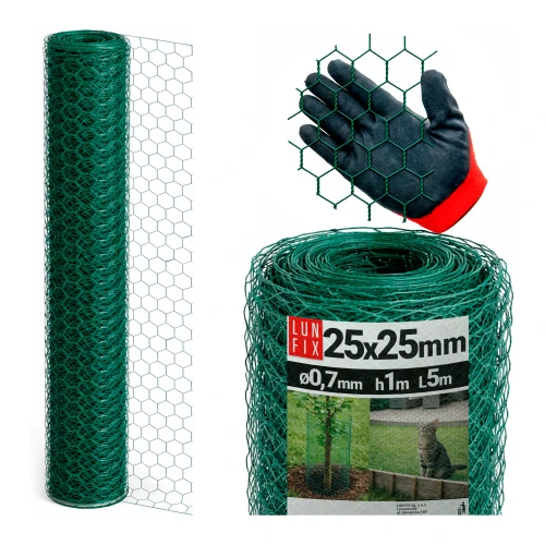 Siatka heksagonalna metalowa 25x25 mm, gr. 0,7 mm, zielona ocynkowana h1 5 mb – hodowlana, na woliery, dla kota na balkon, przeciw ptakom