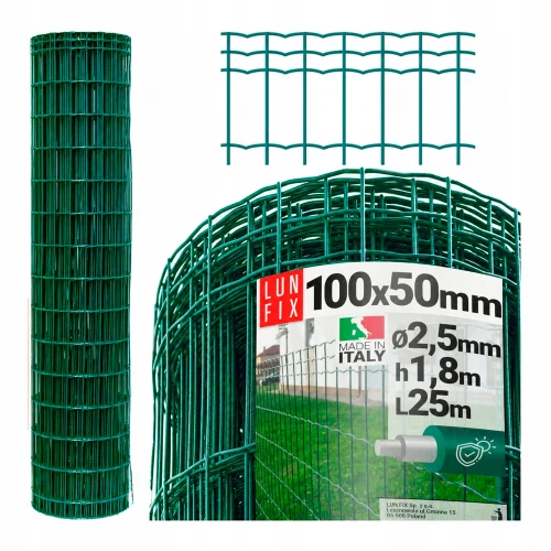 Siatka ogrodzeniowa zielona 100x50 mm fi2,5 mm h1,8 m 25mb - powlekana siatka zgrzewana premium
