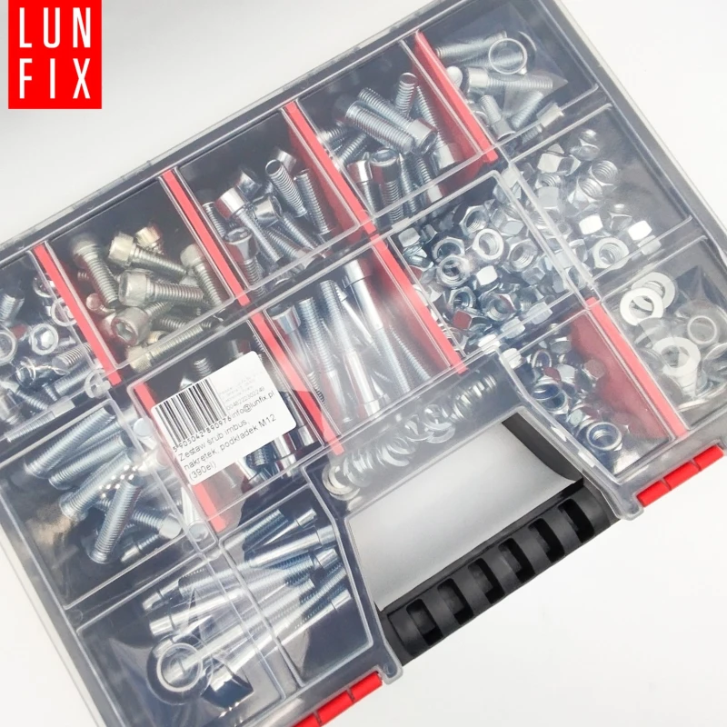Zestaw M12 śruby imbusowe nakrętki podkładki 390 el. ocynk + organizer 1op.