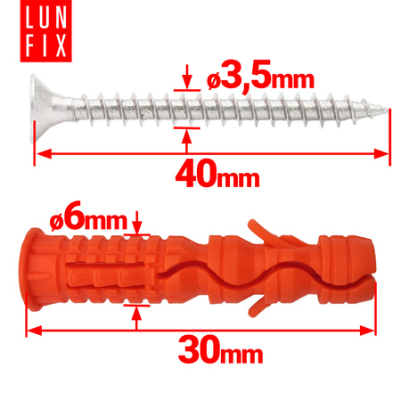 Kołki rozporowe 6x30 mm z wkrętem z łbem stożkowym 3,5x40 mm 200szt.