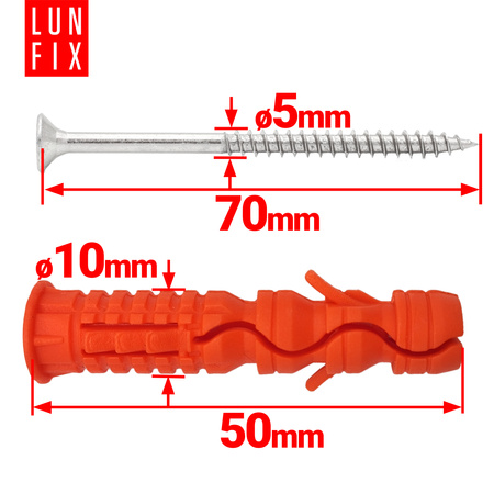 Kołki rozporowe 10x50 mm z wkrętem z łbem stożkowym 5x70 mm 100szt.