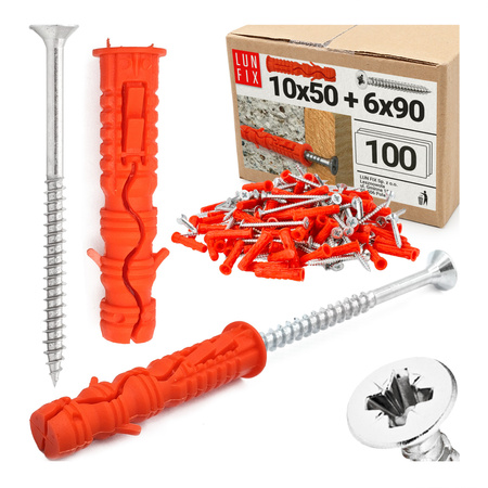 Kołki rozporowe 10x50 mm z wkrętem z łbem stożkowym 6x90 mm 100szt.