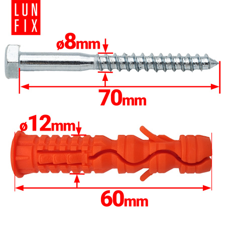 Kołki rozporowe 12x60 mm z wkrętem z łbem sześciokątnym 8x70 mm 50szt.