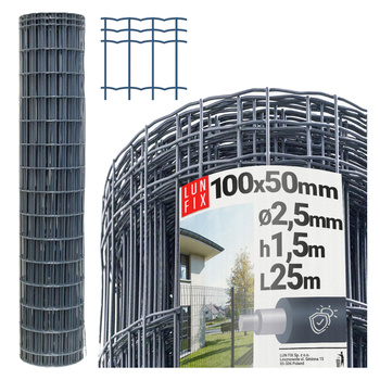Siatka ogrodzeniowa antracyt 150cm oczko 100x50 fi 2,5mm zgrzewana ocynkowana powlekana PCV 25mb