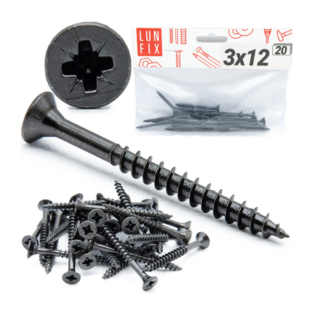 Wkręty uniwersalne 3x12 hartowane ocynkowane na czarno 20szt.