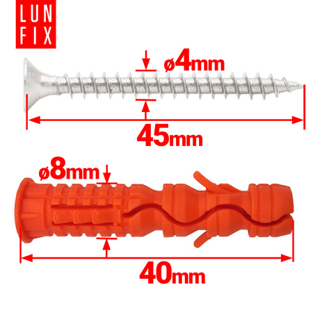 Kołki rozporowe 8x40 mm z wkrętem z łbem stożkowym 4x45 mm 100szt.