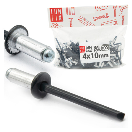 Nity zrywalne 4x10mm aluminiowo-stalowe CZARNE RAL9005 100szt.