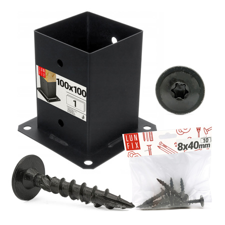 Zestaw podstawa słupa przykręcana czarna 10x10 z wkrętami