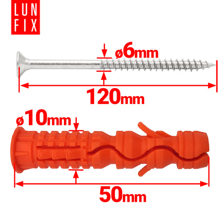 Kołki rozporowe 10x50 mm z wkrętem z łbem stożkowym 6x120 mm 100szt.
