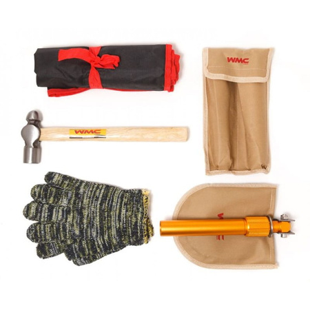 Zestaw narzędzi taboret łopata klucze skrzynka z narzędziami