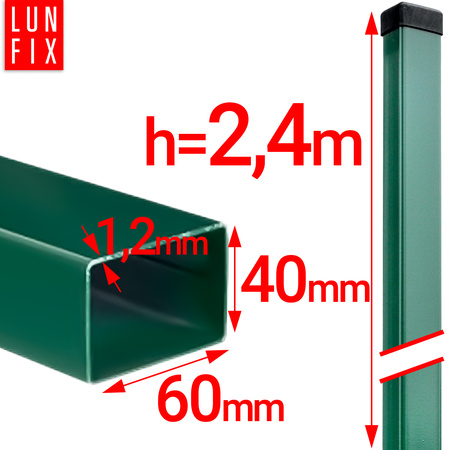 Słupek ogrodzeniowy 60x40 LUNBERG 60x40x2400 1,2mm grubości, zielony 240cm 2,4m