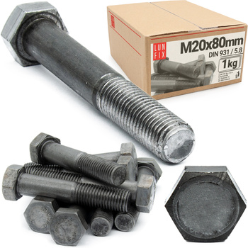 Śruba sześciokątna M20x80 czarna DIN 931 klasa 5.8 półgwint 1kg