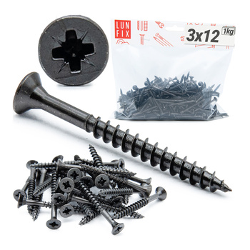 Wkręty uniwersalne 3x12 hartowane ocynkowane na czarno 1kg